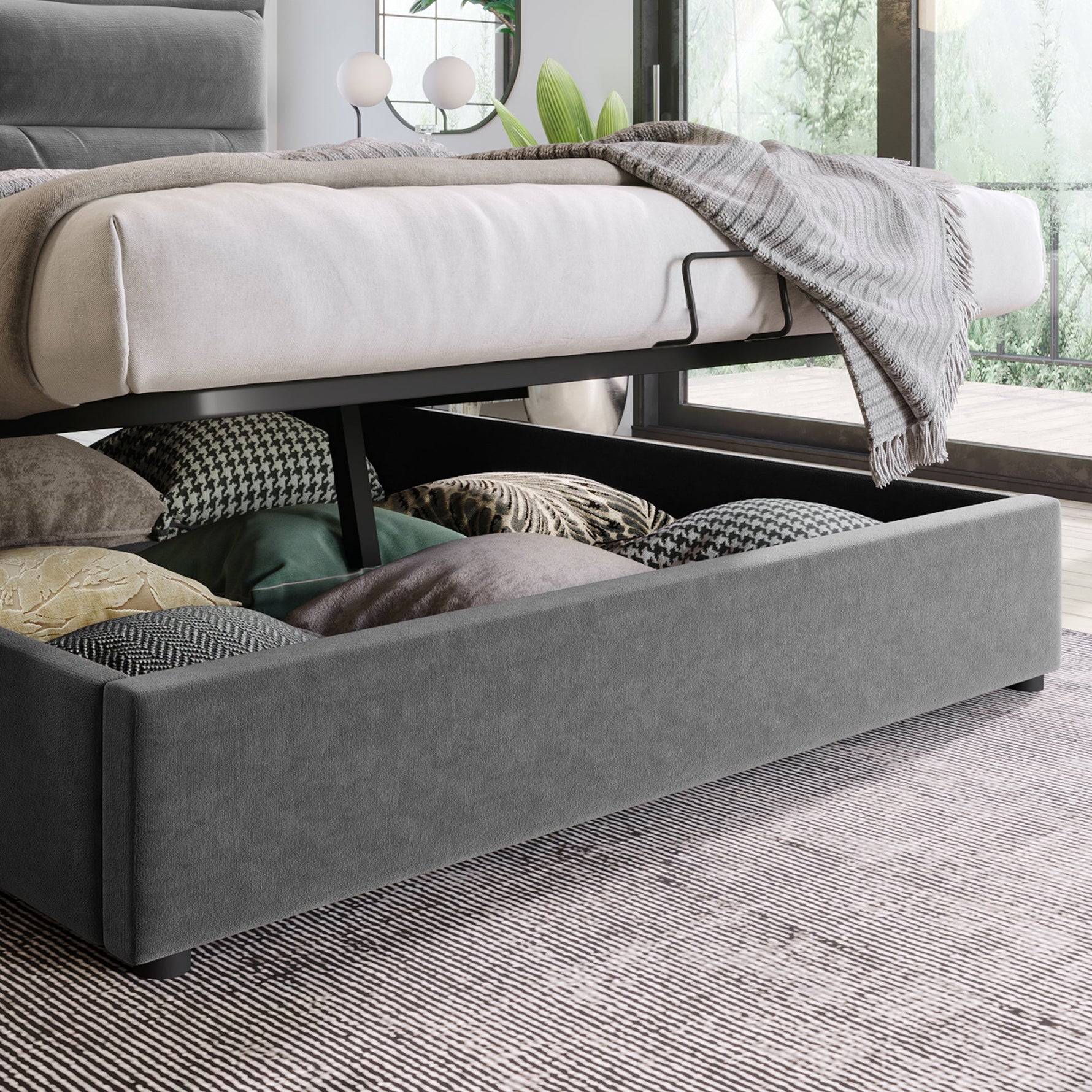 Hydraulic Double Upholstered Bed 140x200cm, Adjustable Headboard, Storage, Gray Velvet