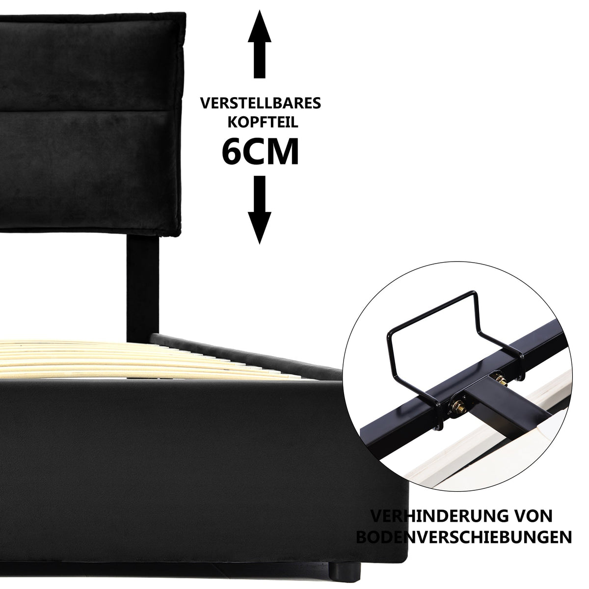 Hydraulic Double Upholstered Bed, 140x200cm, Adjustable Headboard, Velvet, Black