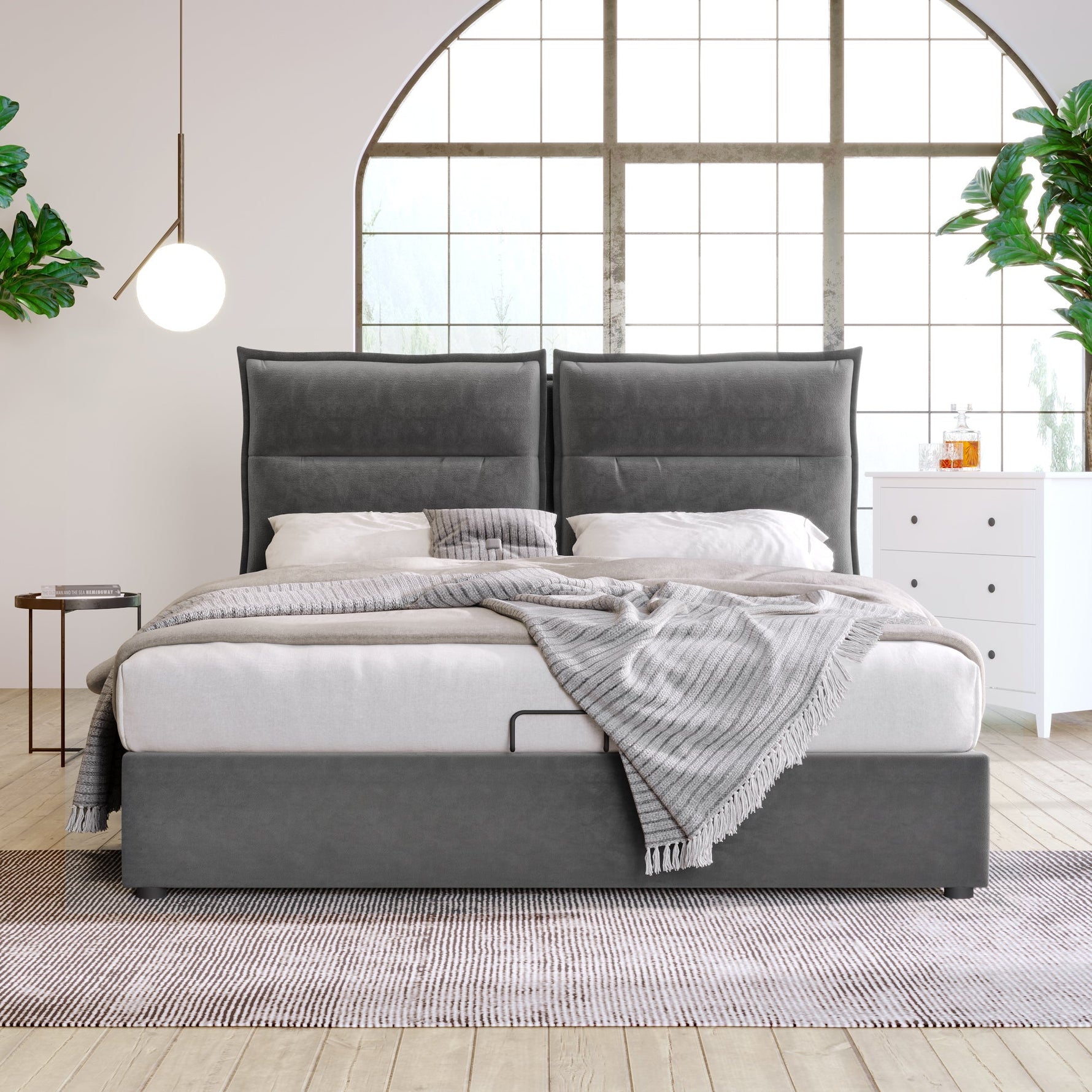 Hydraulic Double Upholstered Bed 140x200cm, Adjustable Headboard, Storage, Gray Velvet