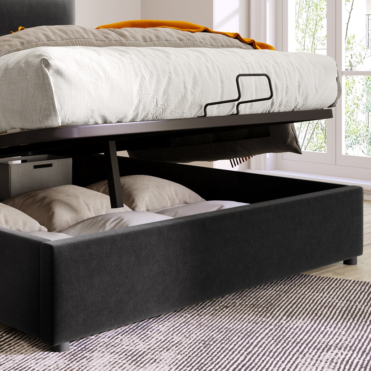 Hydraulic Double Upholstered Bed, 140x200cm, Adjustable Headboard, Velvet, Black