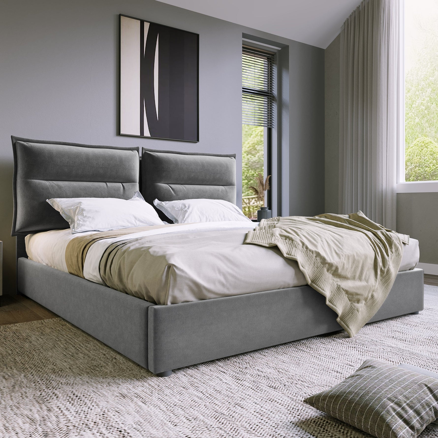 Hydraulic Double Upholstered Bed 140x200cm, Adjustable Headboard, Metal Slatted Frame, Storage, Gray Velvet