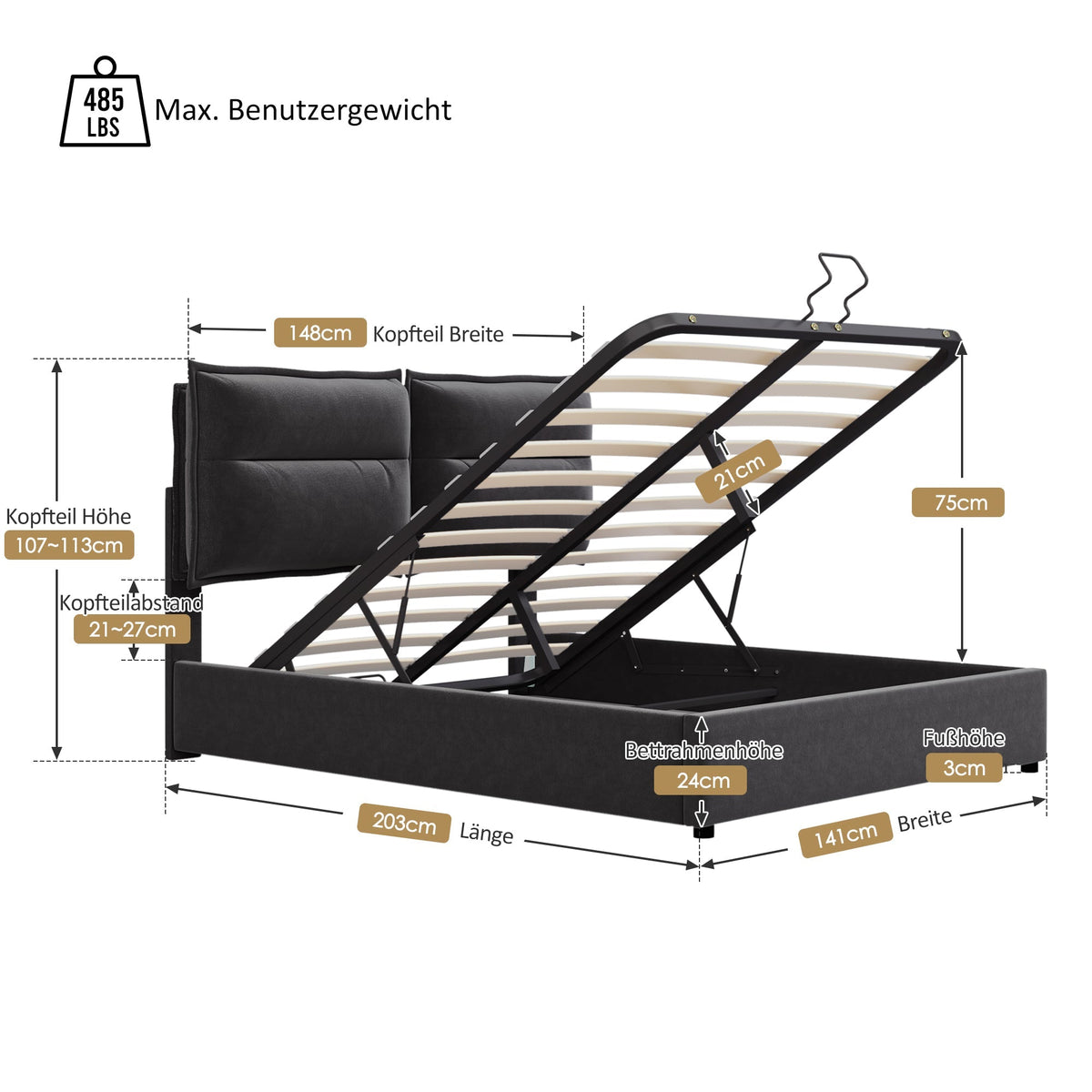 Hydraulic Double Upholstered Bed, 140x200cm Adjustable Headboard Metal Frame, Velvet Black