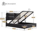 Hydraulic Double Upholstered Bed, 140x200cm, Adjustable Headboard, Velvet, Black