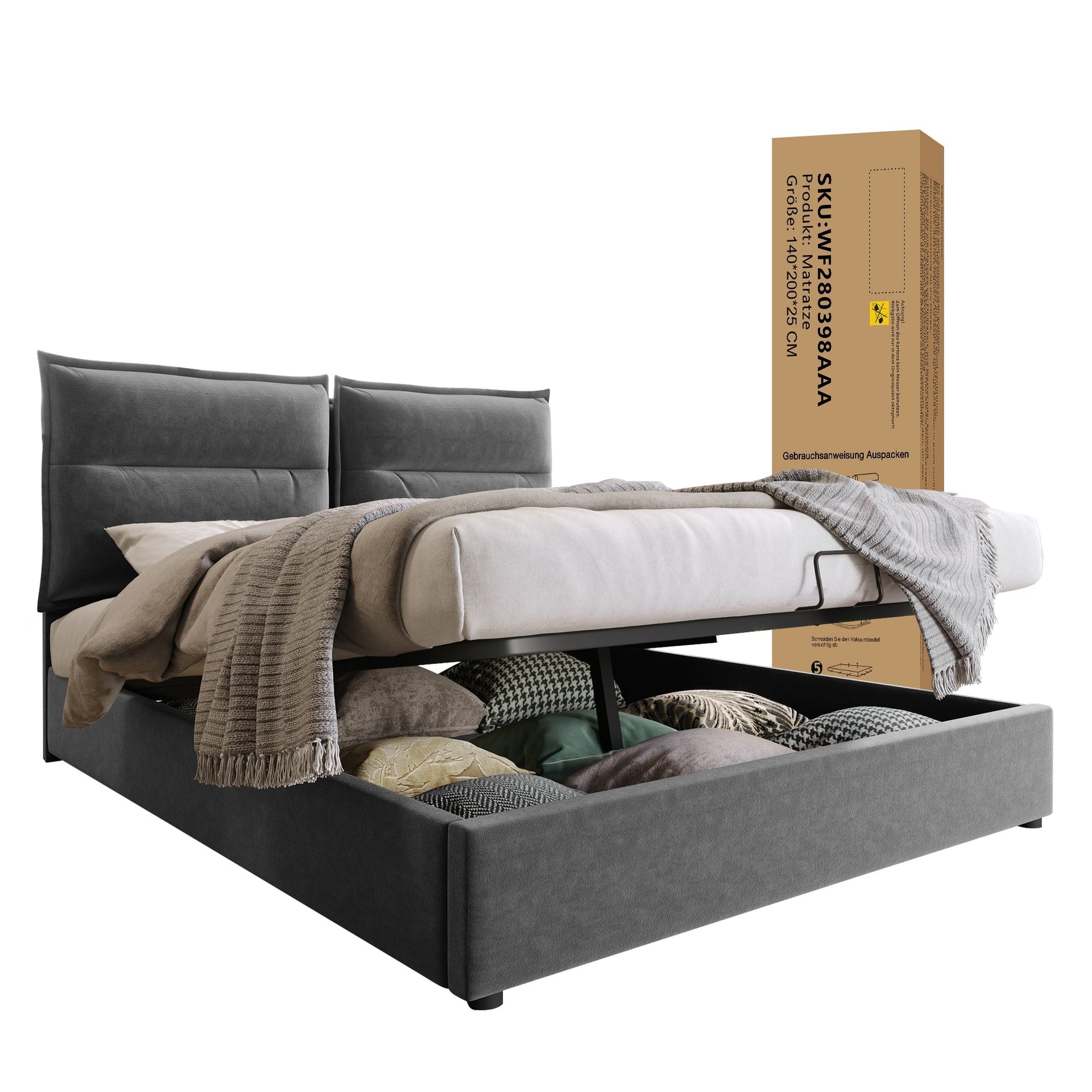 Hydraulic Double Upholstered Bed 140x200cm, Adjustable Headboard, Storage, Gray Velvet