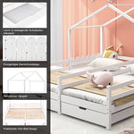 House Bed, Double Kids Cot with 2 MDF Drawers, Pine Slatted Frame, White