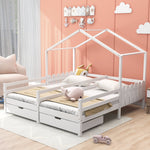 House Bed, Double Kids Cot with 2 MDF Drawers, Pine Slatted Frame, White