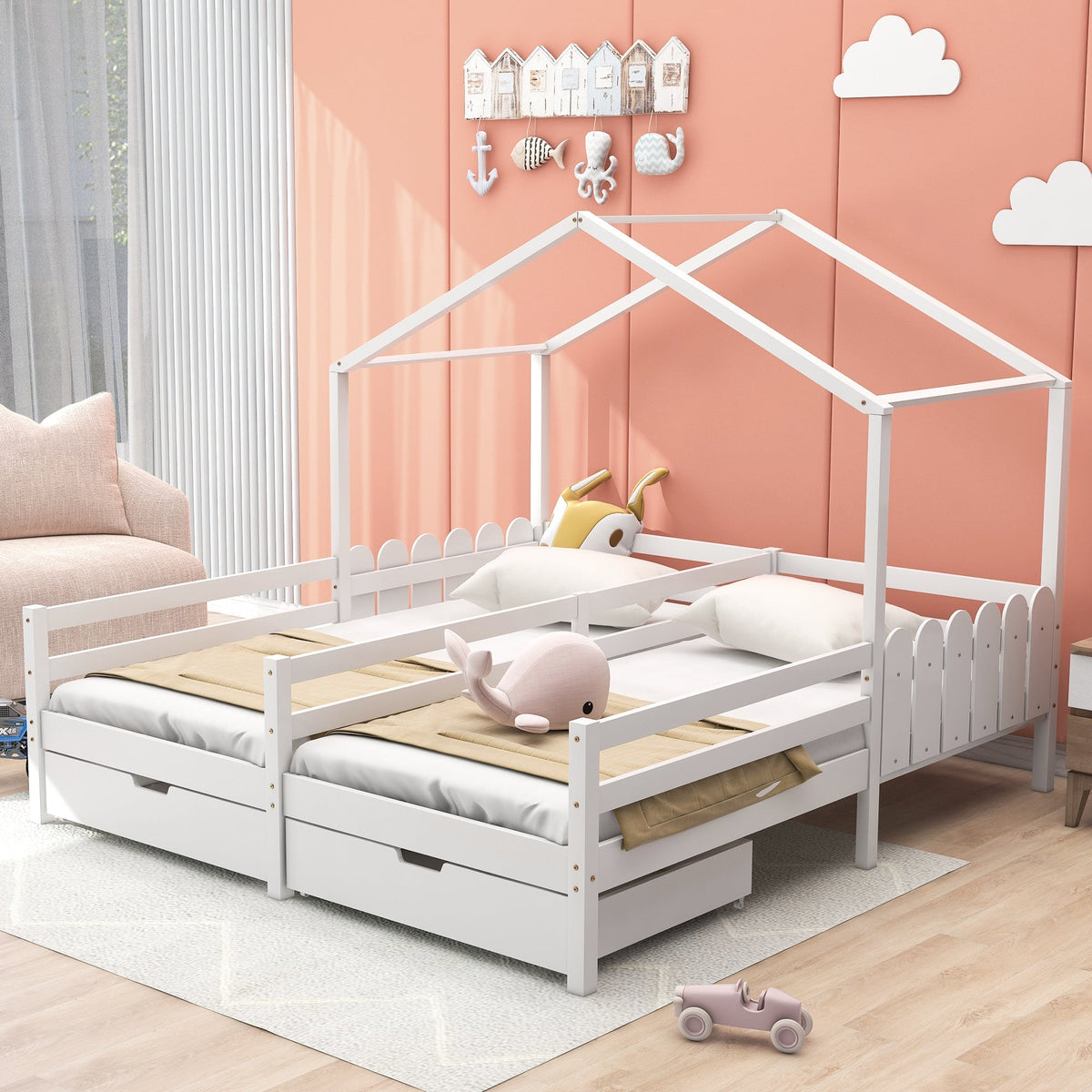 House Bed, Double Kids Cot with 2 MDF Drawers, Pine Slatted Frame, White