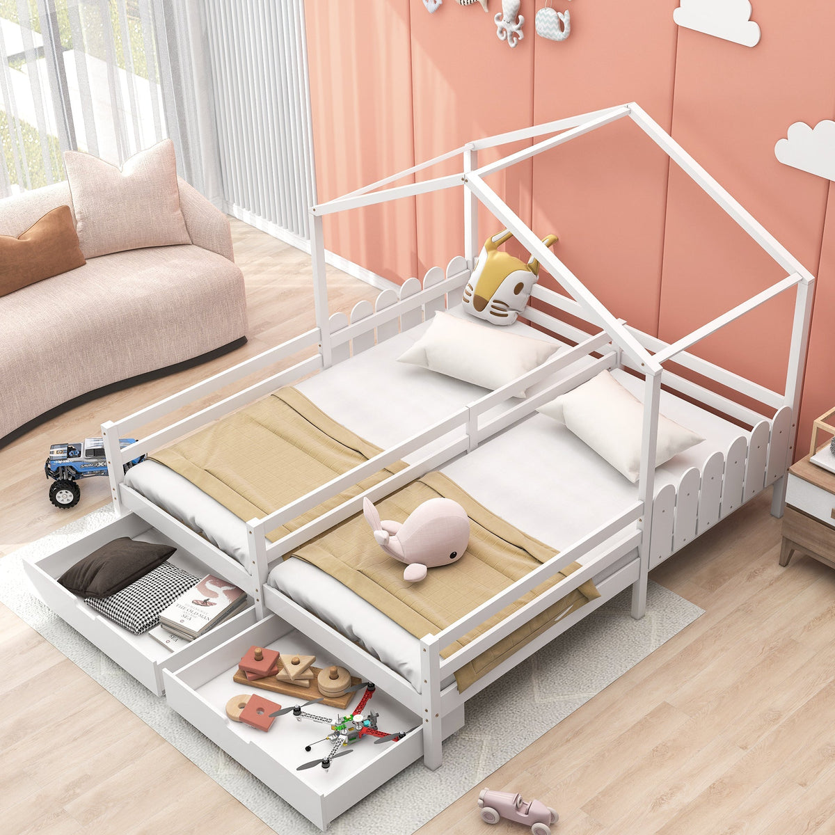 House Bed, Double Kids Cot with 2 MDF Drawers, Pine Slatted Frame, White
