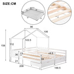 House Bed, Double Kids Cot with 2 MDF Drawers, Pine Slatted Frame, White