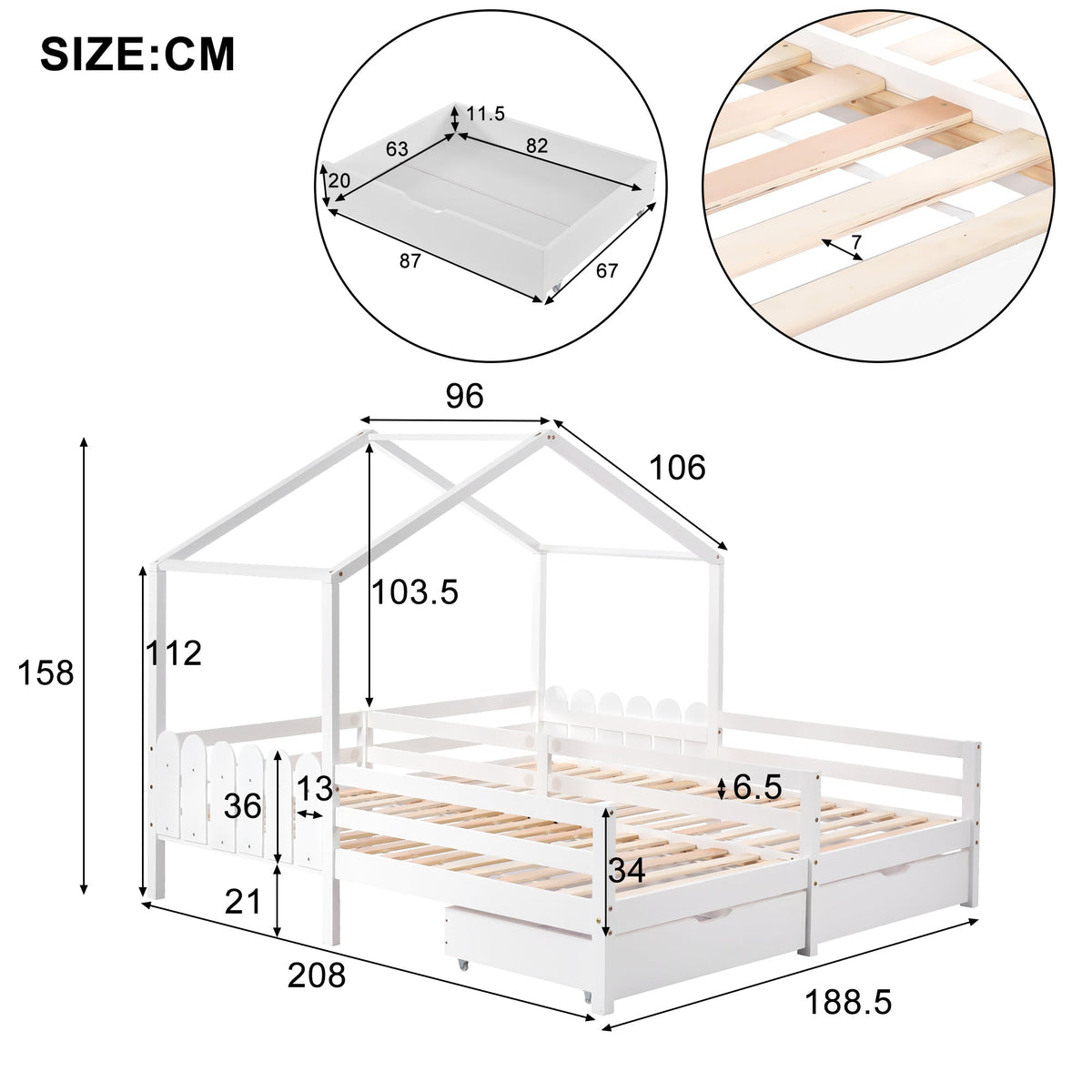 House Bed, Double Kids Cot with 2 MDF Drawers, Pine Slatted Frame, White
