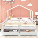 House Bed, Double Kids Cot with 2 MDF Drawers, Pine Slatted Frame, White
