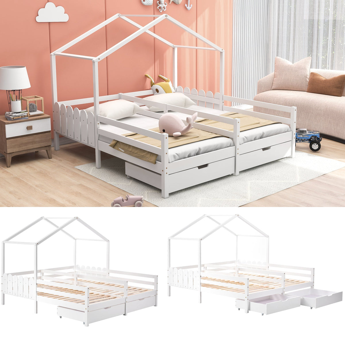 House Bed, Double Kids Cot with 2 MDF Drawers, Pine Slatted Frame, White