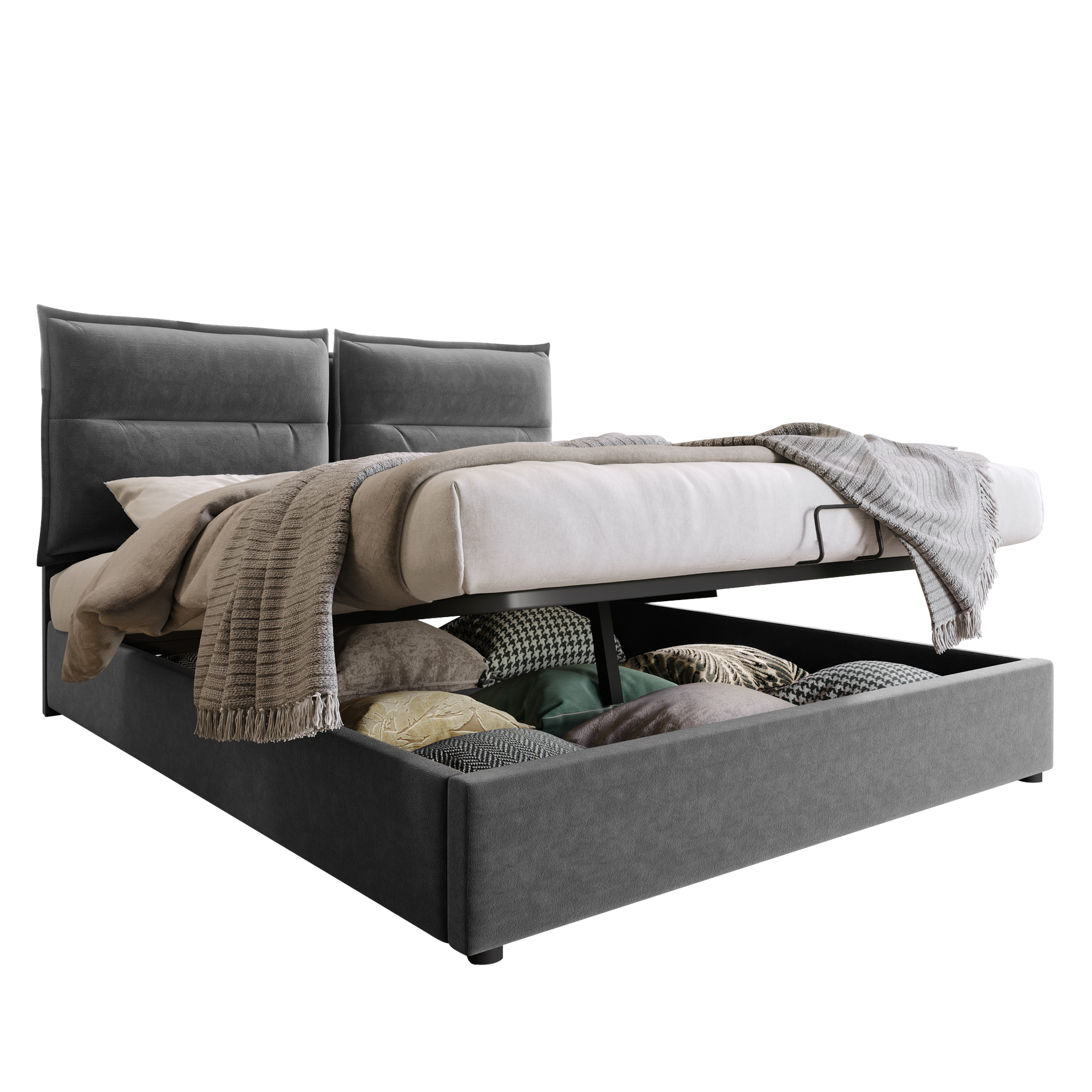 Hydraulic Double Upholstered Bed 140x200cm, Adjustable Headboard, Storage, Gray Velvet