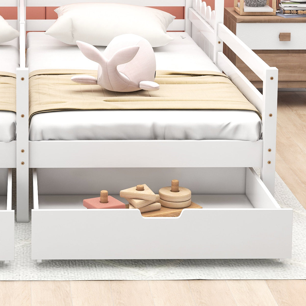 House Bed, Double Kids Cot with 2 MDF Drawers, Pine Slatted Frame, White