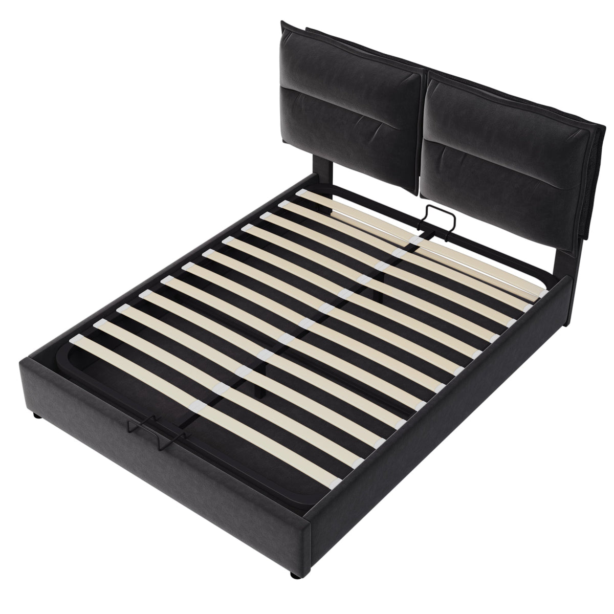 Hydraulic Double Upholstered Bed, 140x200cm Adjustable Headboard Metal Frame, Velvet Black