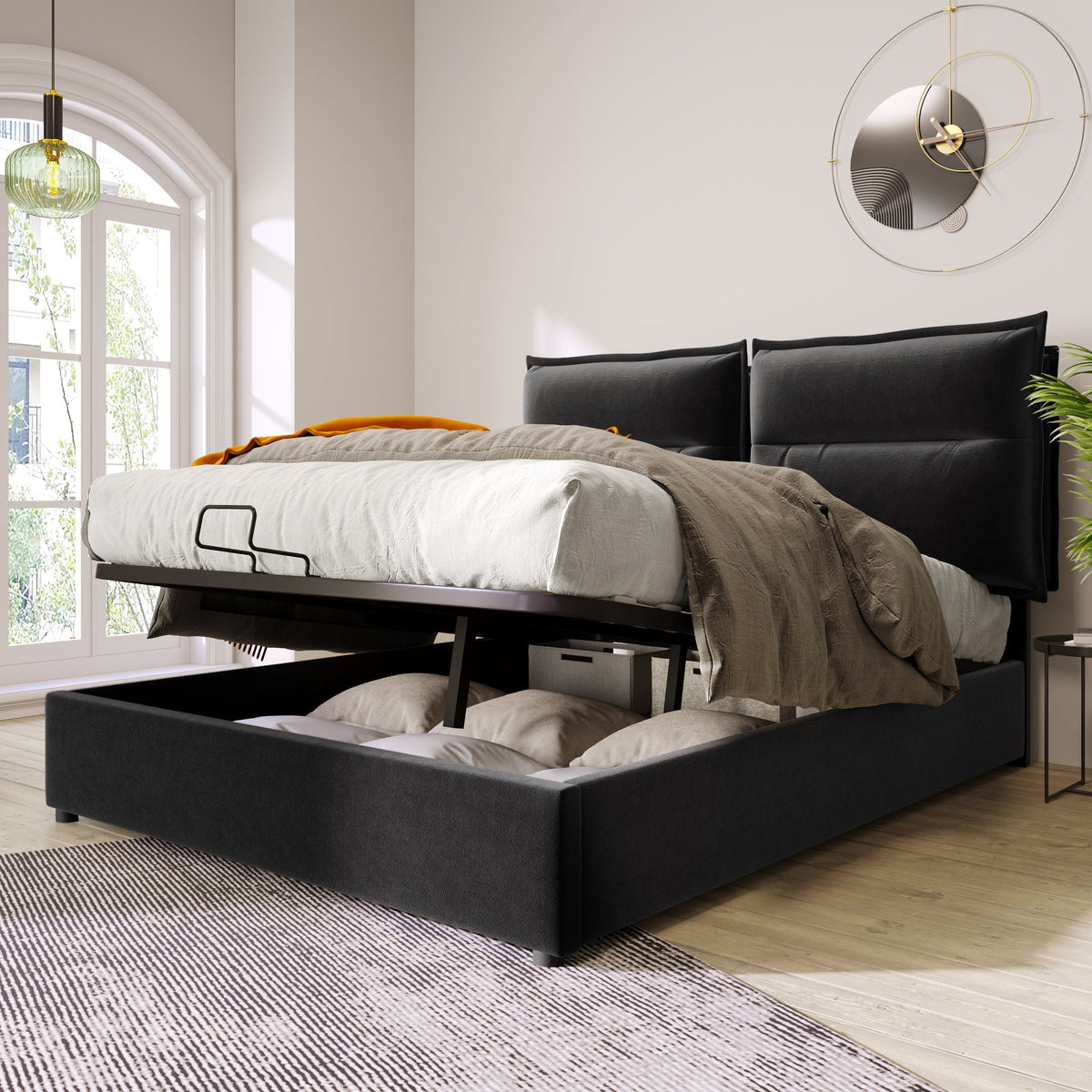 Hydraulic Double Upholstered Bed, 140x200cm Adjustable Headboard Metal Frame, Velvet Black