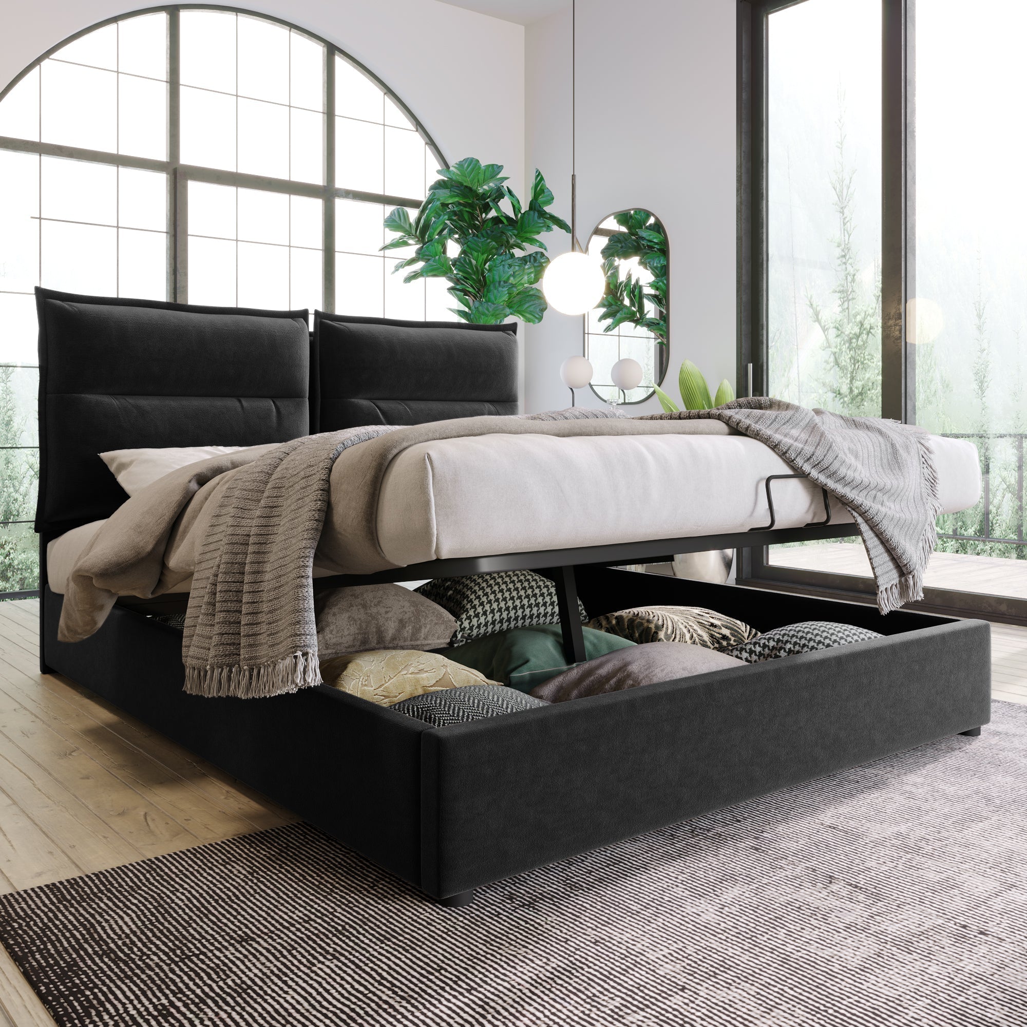 Hydraulic Double Upholstered Bed, 140x200cm Adjustable Headboard Metal Frame, Velvet Black