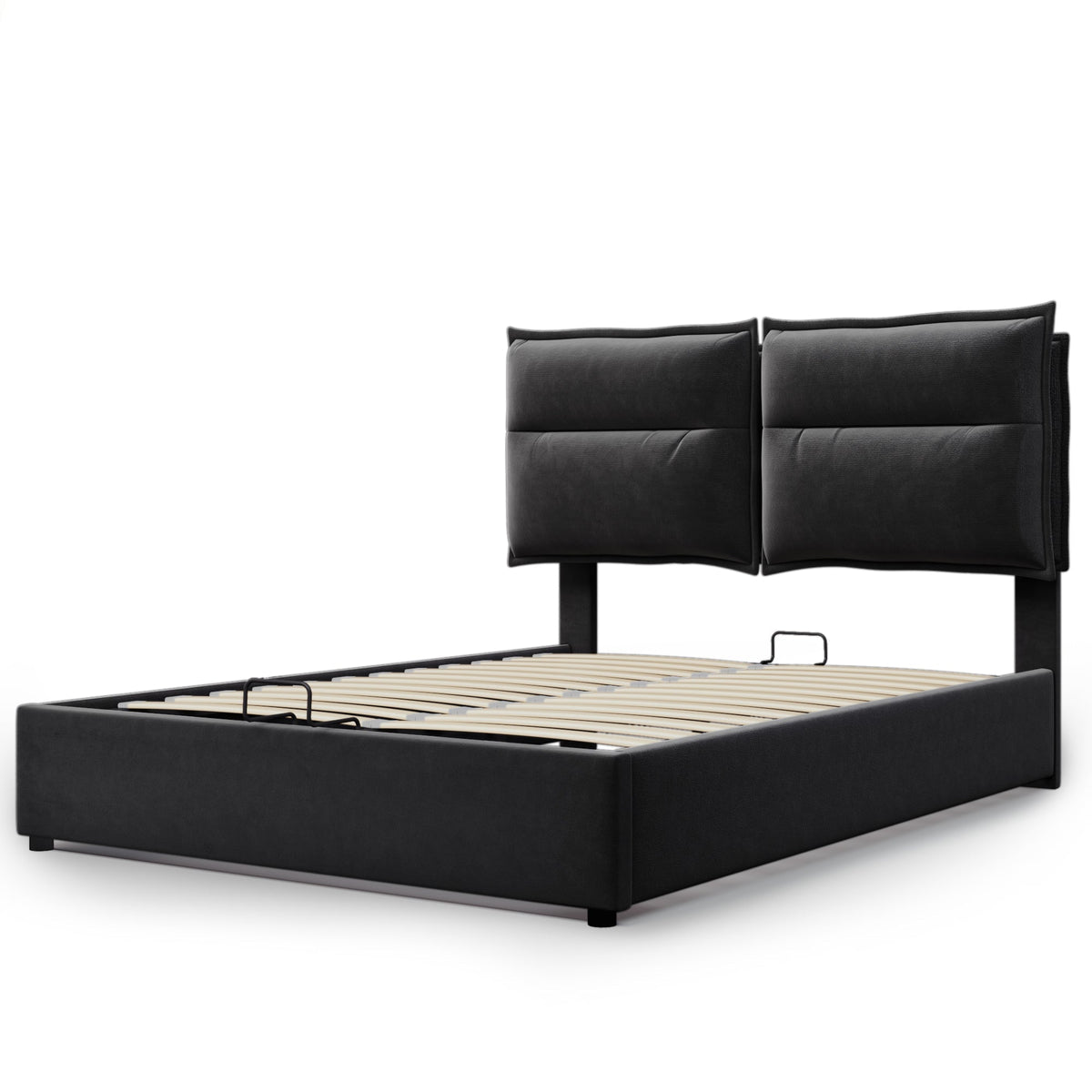 Hydraulic Double Upholstered Bed, 140x200cm Adjustable Headboard Metal Frame, Velvet Black