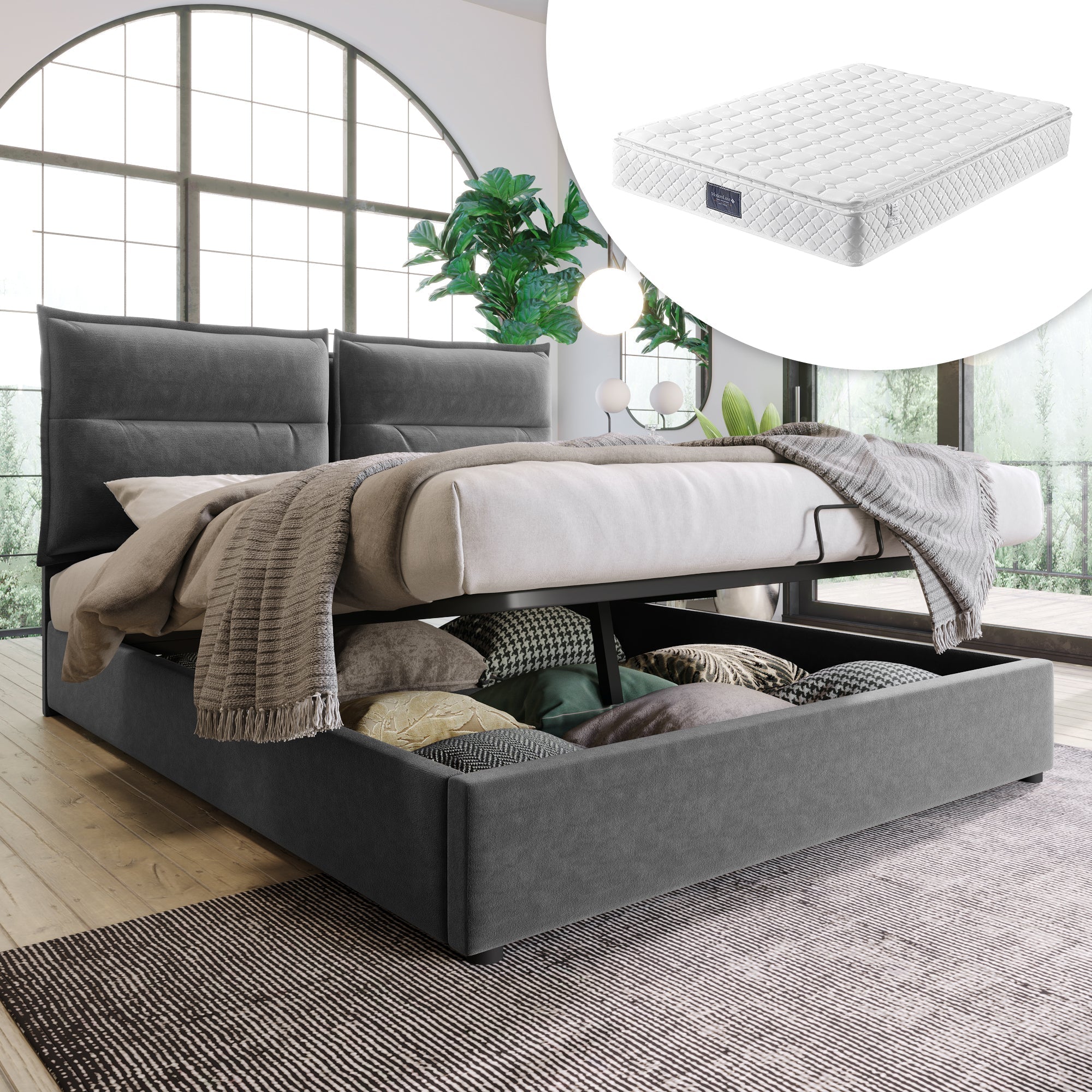 Hydraulic Double Upholstered Bed 140x200cm, Adjustable Headboard, Storage, Gray Velvet