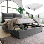 Hydraulic Double Upholstered Bed 140x200cm, Adjustable Headboard, Storage, Gray Velvet