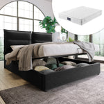 Hydraulic Double Upholstered Bed, 140x200cm, Adjustable Headboard, Velvet, Black