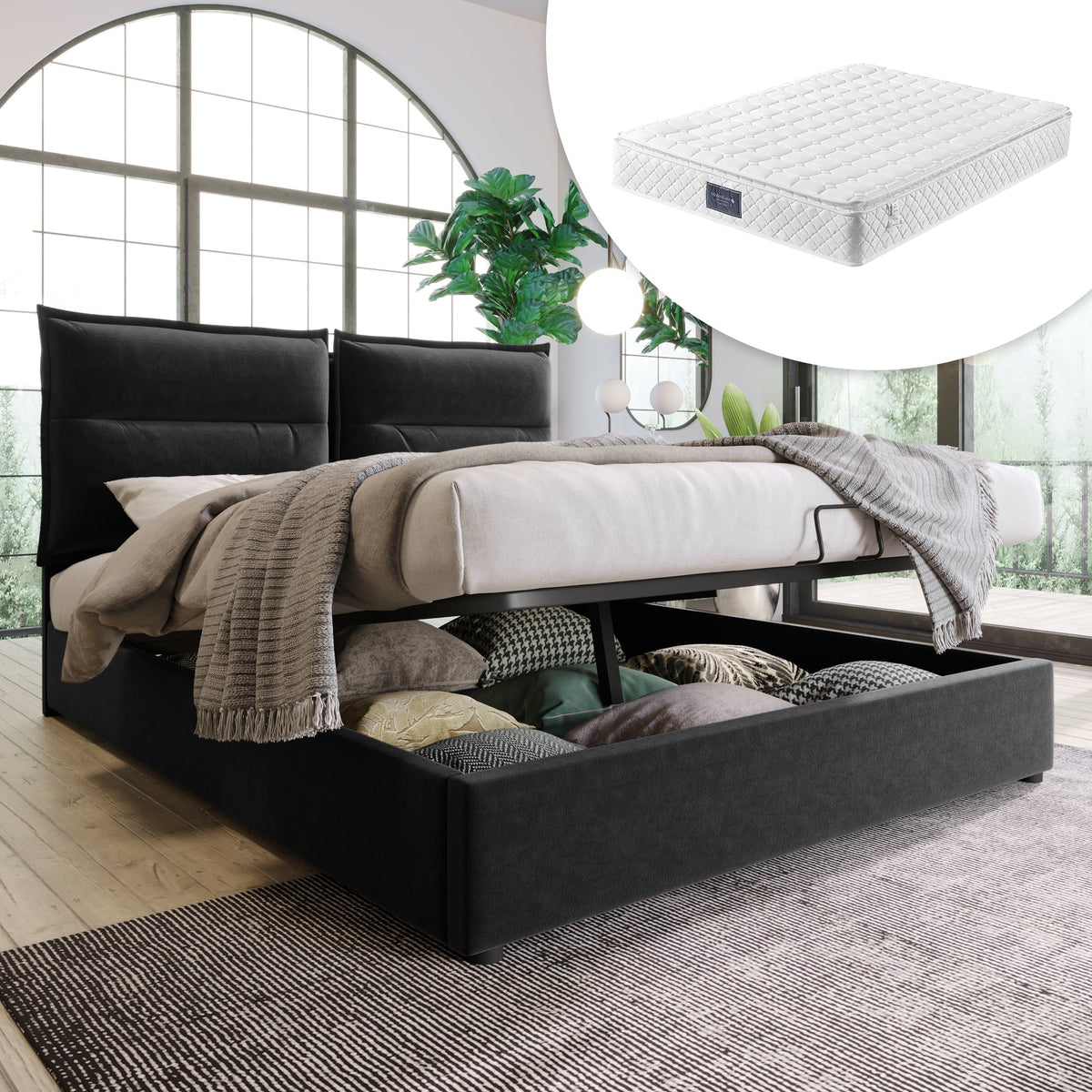 Hydraulic Double Upholstered Bed, 140x200cm, Adjustable Headboard, Velvet, Black