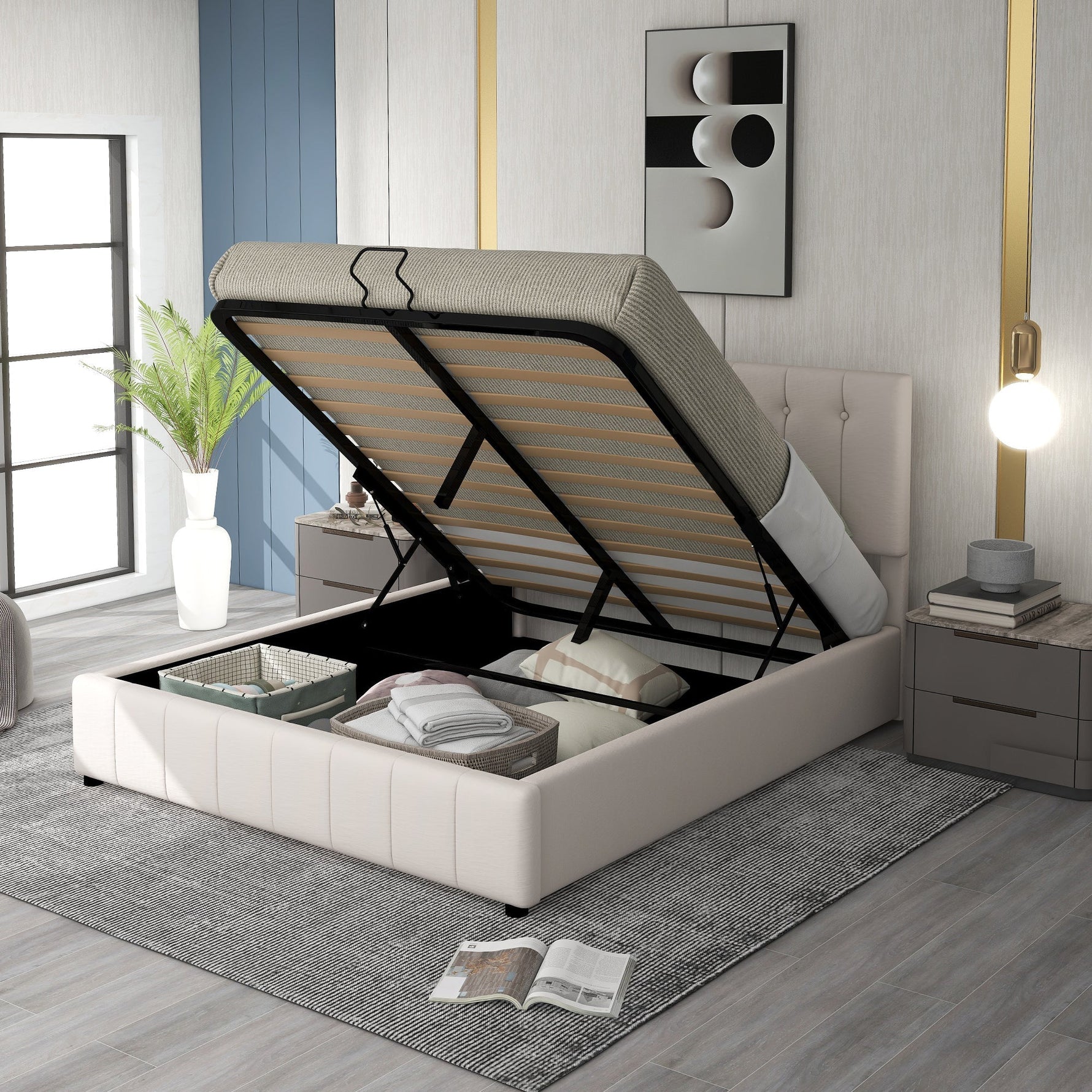 Upholstered Bed 140x200, Hydraulic Storage, Adjustable Headboard, Velvet Cream White
