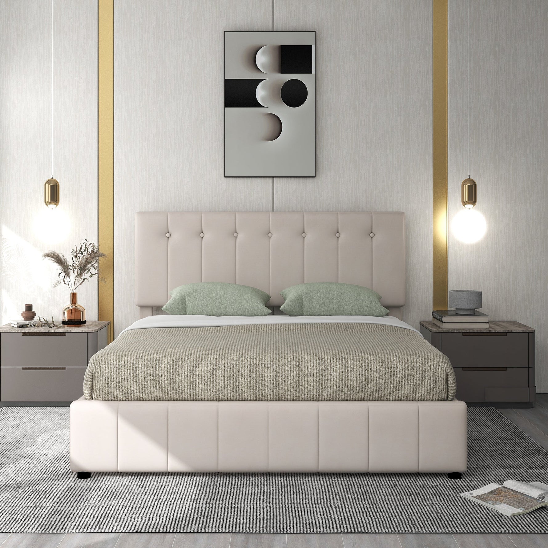 Upholstered Bed 140x200, Hydraulic Storage, Adjustable Headboard, Velvet Cream White
