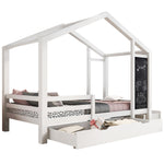 Children's House Bed 90x200cm, Wooden with Blackboard, 2 Drawers, Solid Wood White