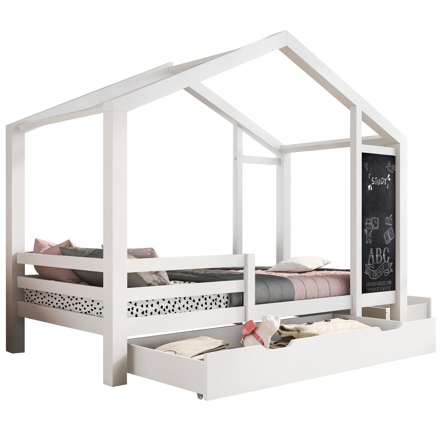 Children's House Bed 90x200cm, Wooden with Blackboard, 2 Drawers, Solid Wood White