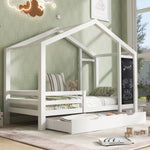 Children's House Bed 90x200cm, Wooden with Blackboard, 2 Drawers, Solid Wood White