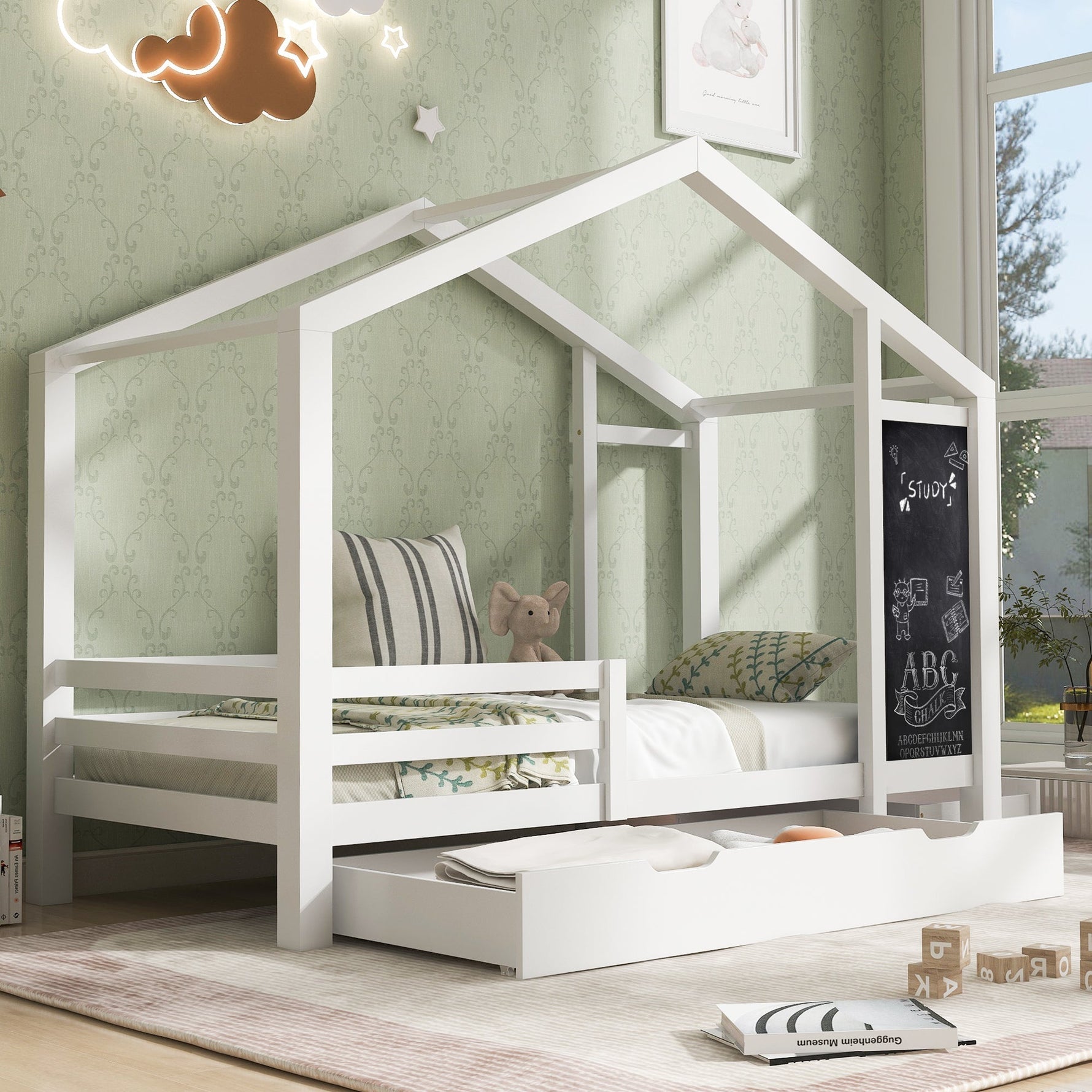 Children's House Bed 90x200cm, Wooden with Blackboard, 2 Drawers, Solid Wood White