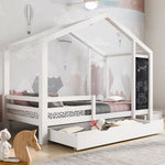 Children's House Bed 90x200cm, Wooden with Blackboard, 2 Drawers, Solid Wood White