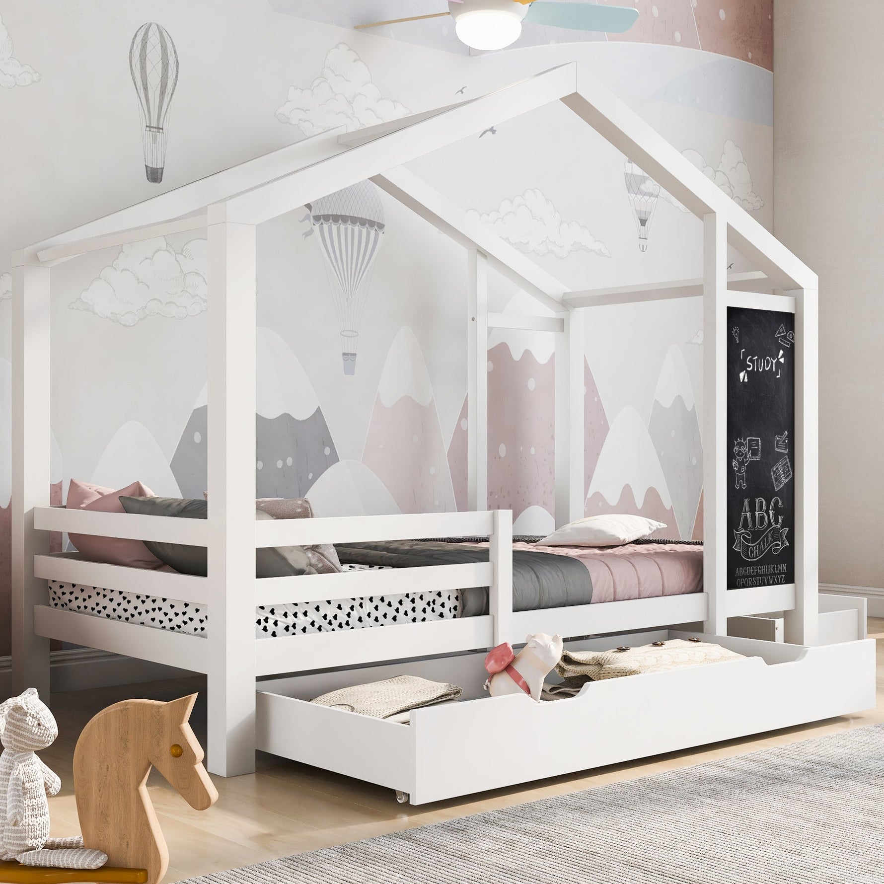 Children's House Bed 90x200cm, Wooden with Blackboard, 2 Drawers, Solid Wood White
