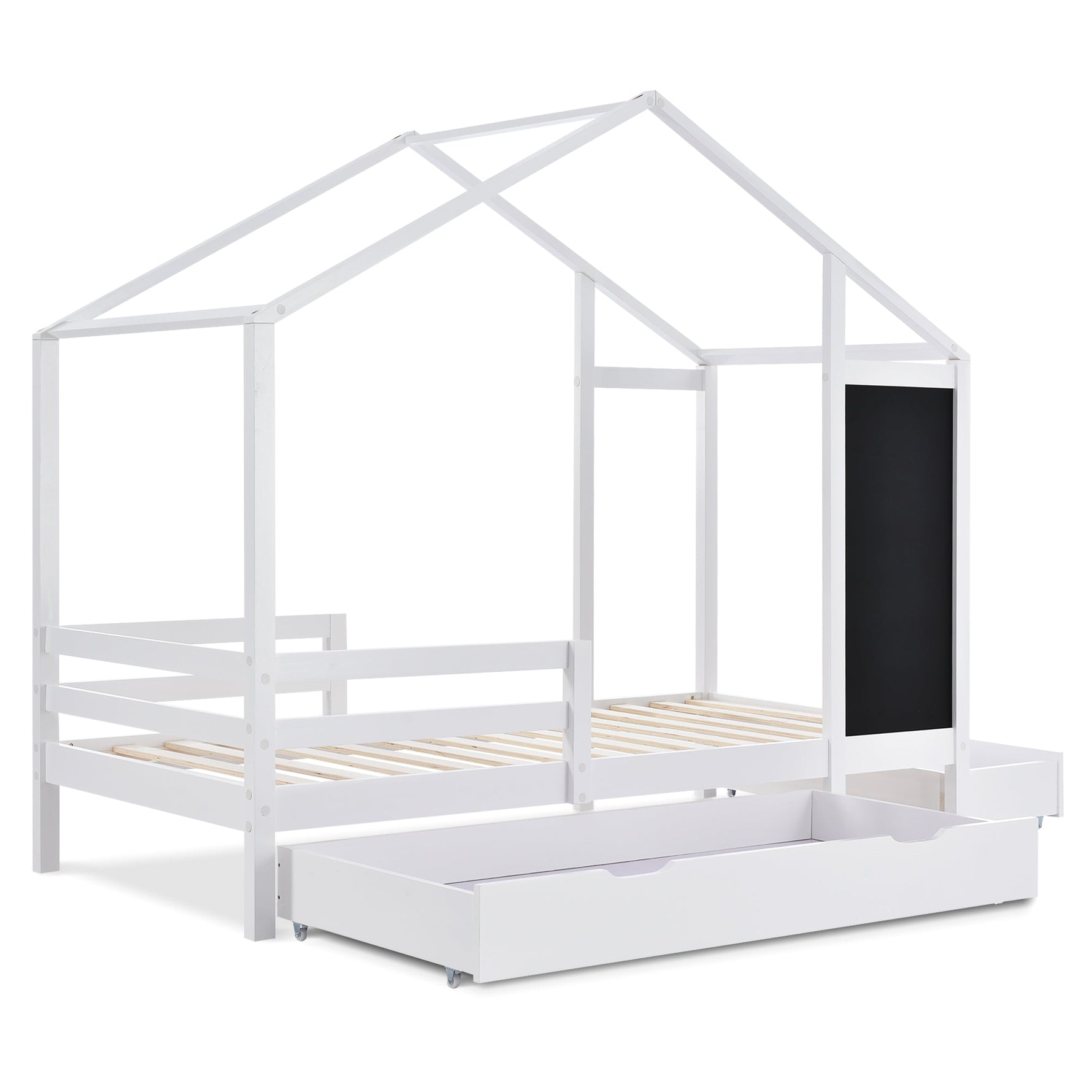 Children's House Bed 90x200cm, Wooden with Blackboard, 2 Drawers, Solid Wood White