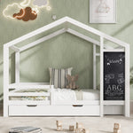 Children's House Bed 90x200cm, Wooden with Blackboard, 2 Drawers, Solid Wood White