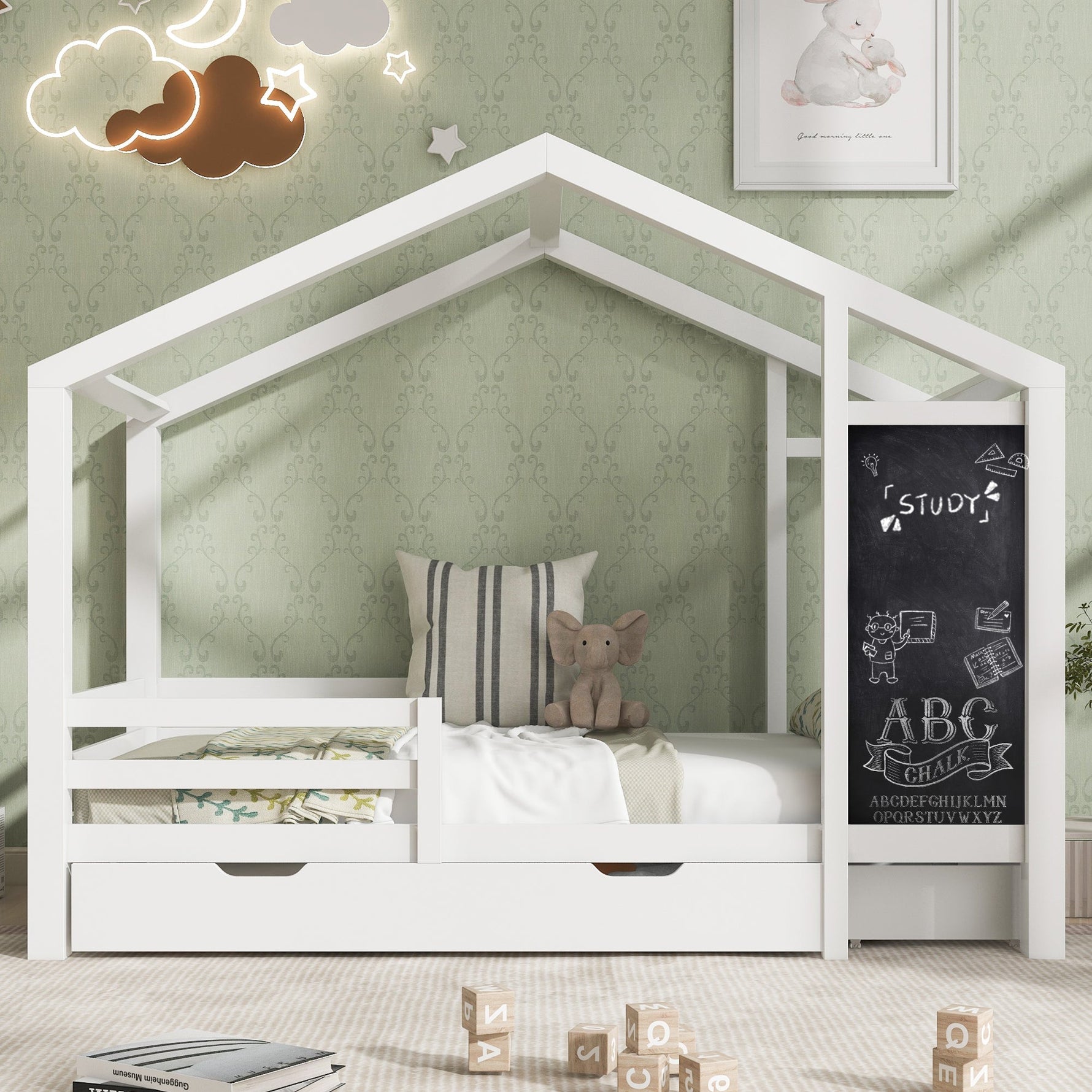 Children's House Bed 90x200cm, Wooden with Blackboard, 2 Drawers, Solid Wood White
