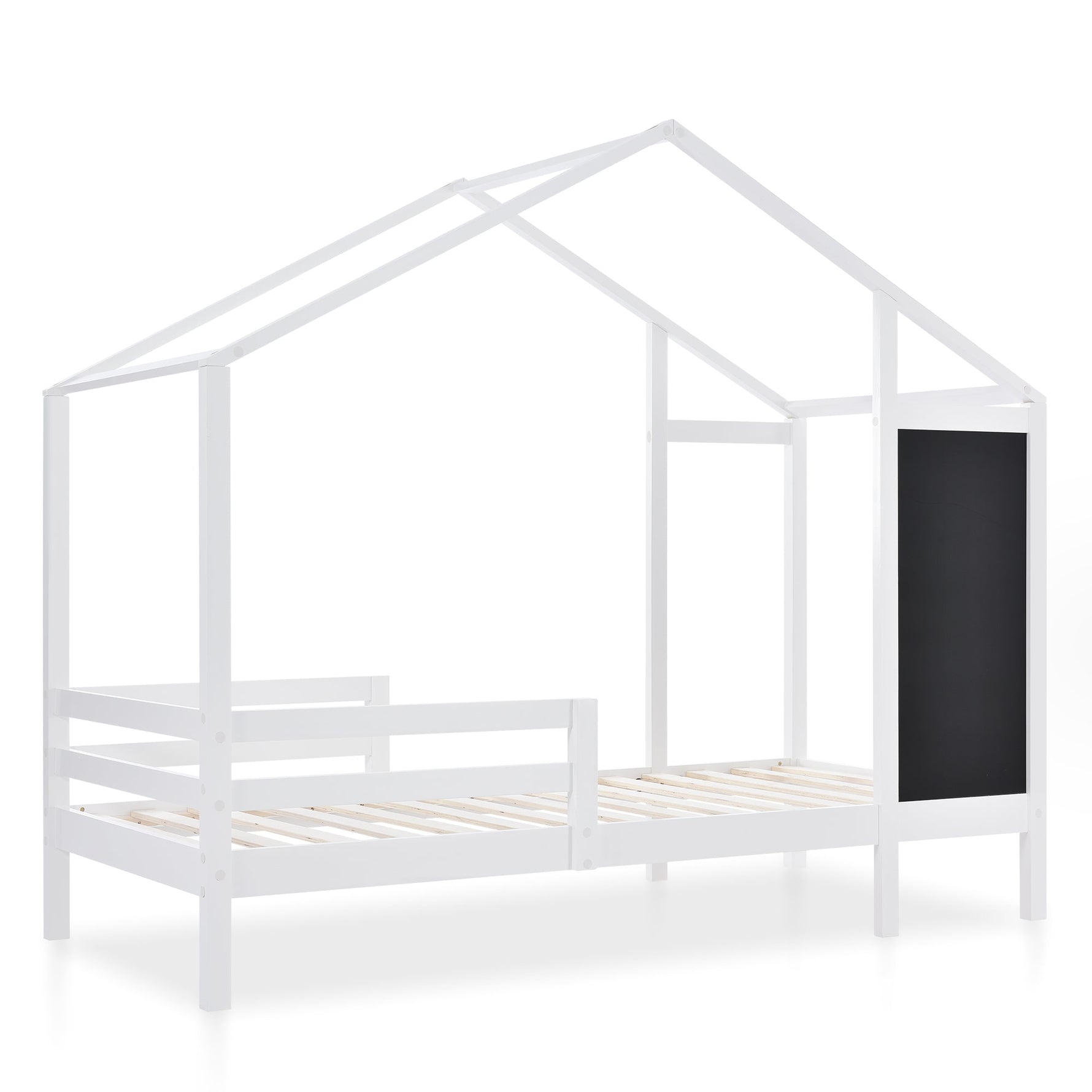 Children's House Bed 90x200cm, Wooden with Blackboard, 2 Drawers, Solid Wood White