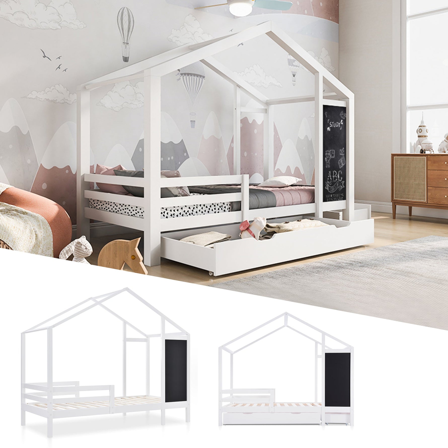 Children's House Bed 90x200cm, Wooden with Blackboard, 2 Drawers, Solid Wood White