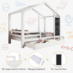 Children's House Bed 90x200cm, Wooden with Blackboard, 2 Drawers, Solid Wood White