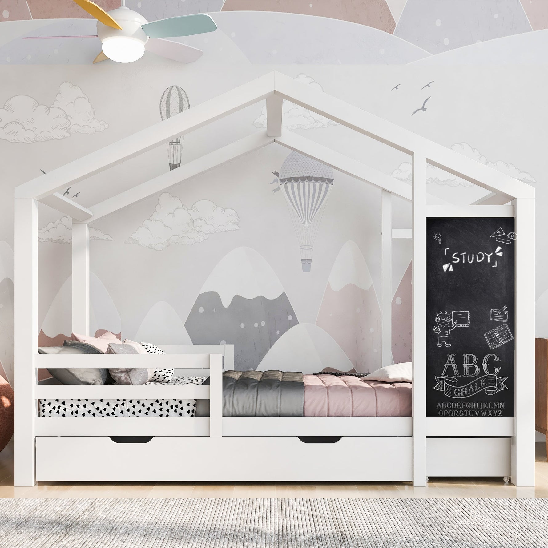 Children's House Bed 90x200cm, Wooden with Blackboard, 2 Drawers, Solid Wood White