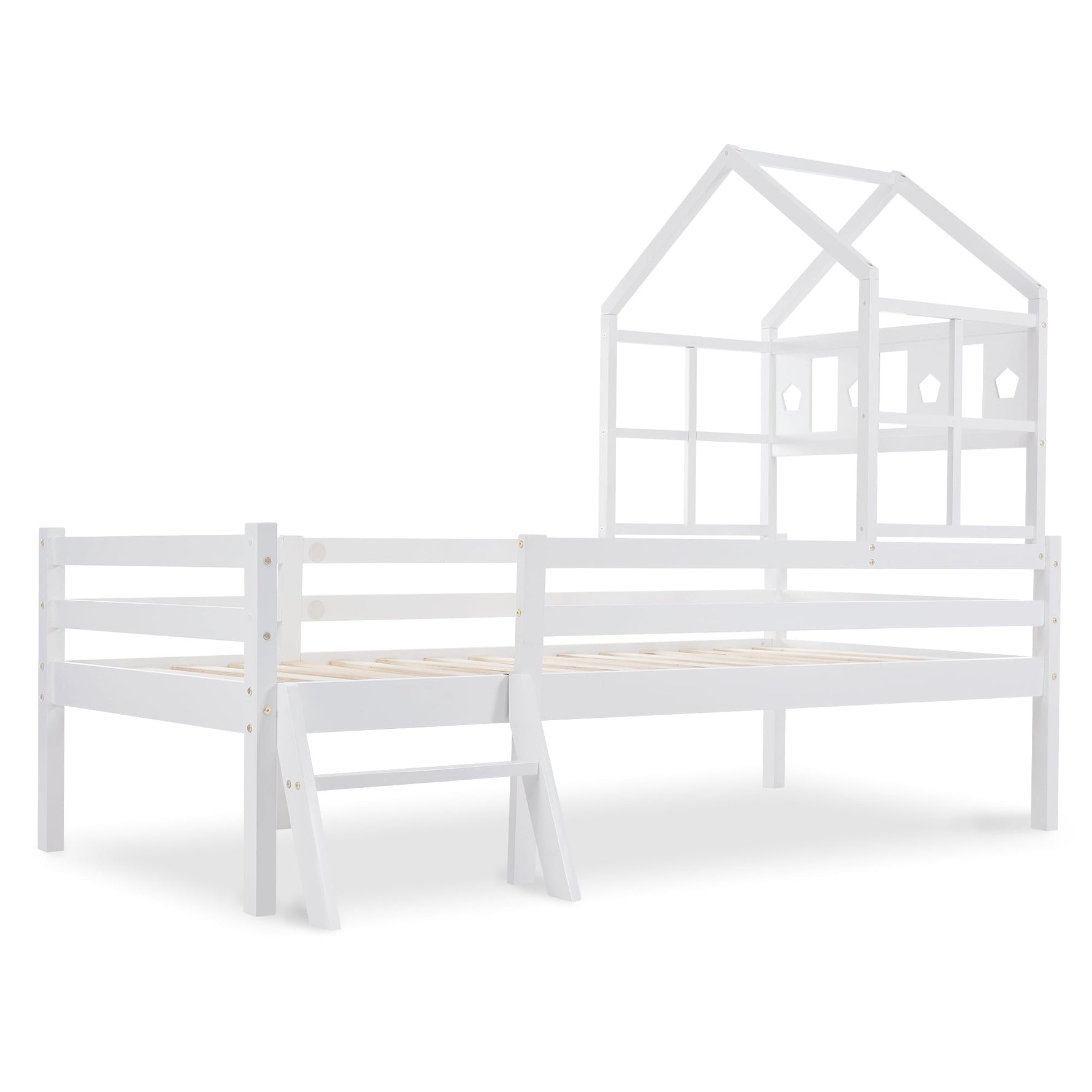 House Bed Children's, Ladder, Drawers, Loft Bed, Fall Protection, Solid Wood, 90x200cm White