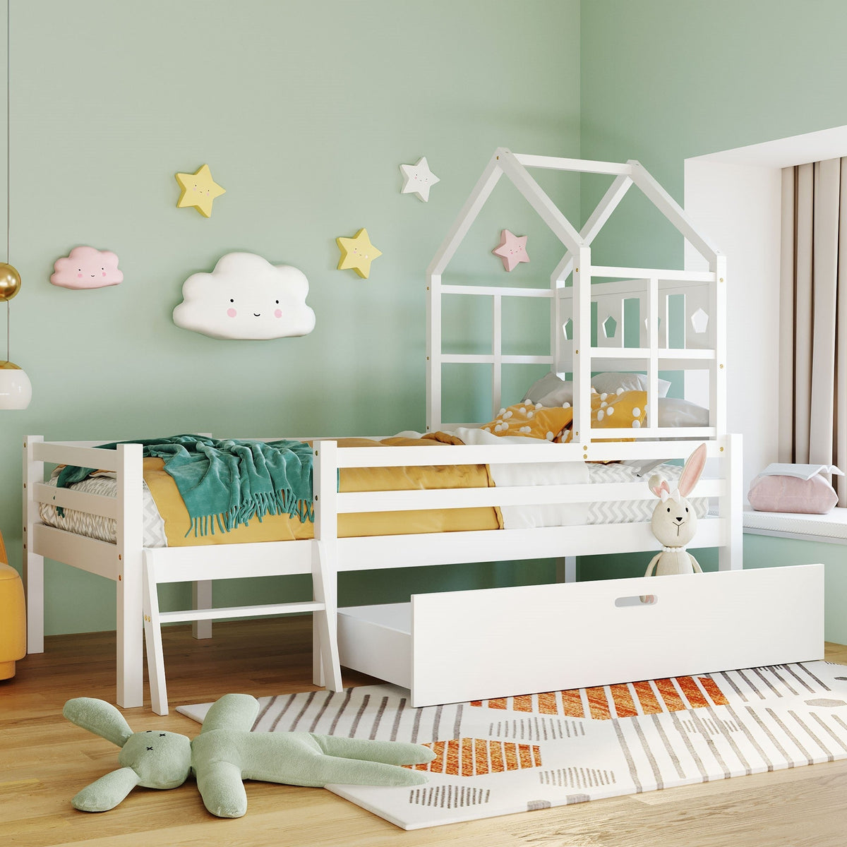 House Bed Children's, Ladder, Drawers, Loft Bed, Fall Protection, Solid Wood, 90x200cm White