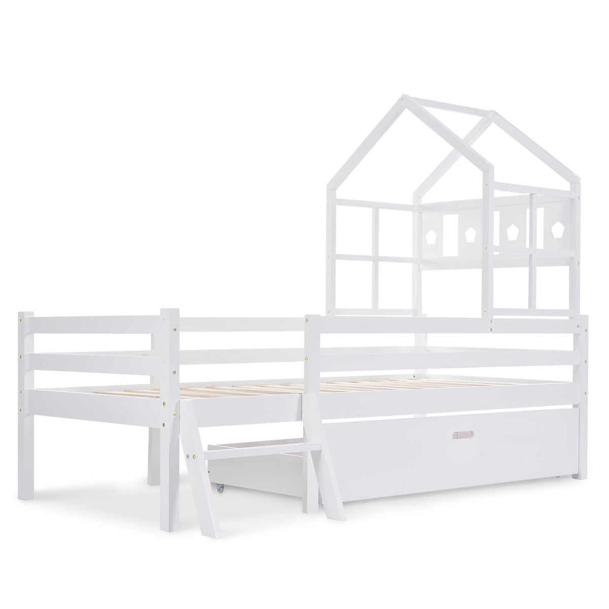 House Bed Children's, Ladder, Drawers, Loft Bed, Fall Protection, Solid Wood, 90x200cm White