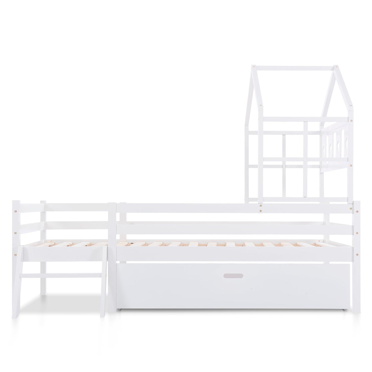 House Bed Children's, Ladder, Drawers, Loft Bed, Fall Protection, Solid Wood, 90x200cm White