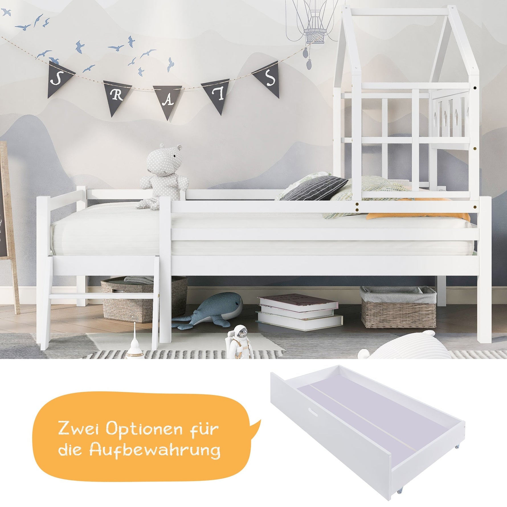House Bed Children's, Ladder, Drawers, Loft Bed, Fall Protection, Solid Wood, 90x200cm White