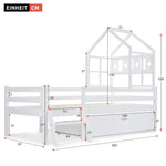 House Bed Children's, Ladder, Drawers, Loft Bed, Fall Protection, Solid Wood, 90x200cm White