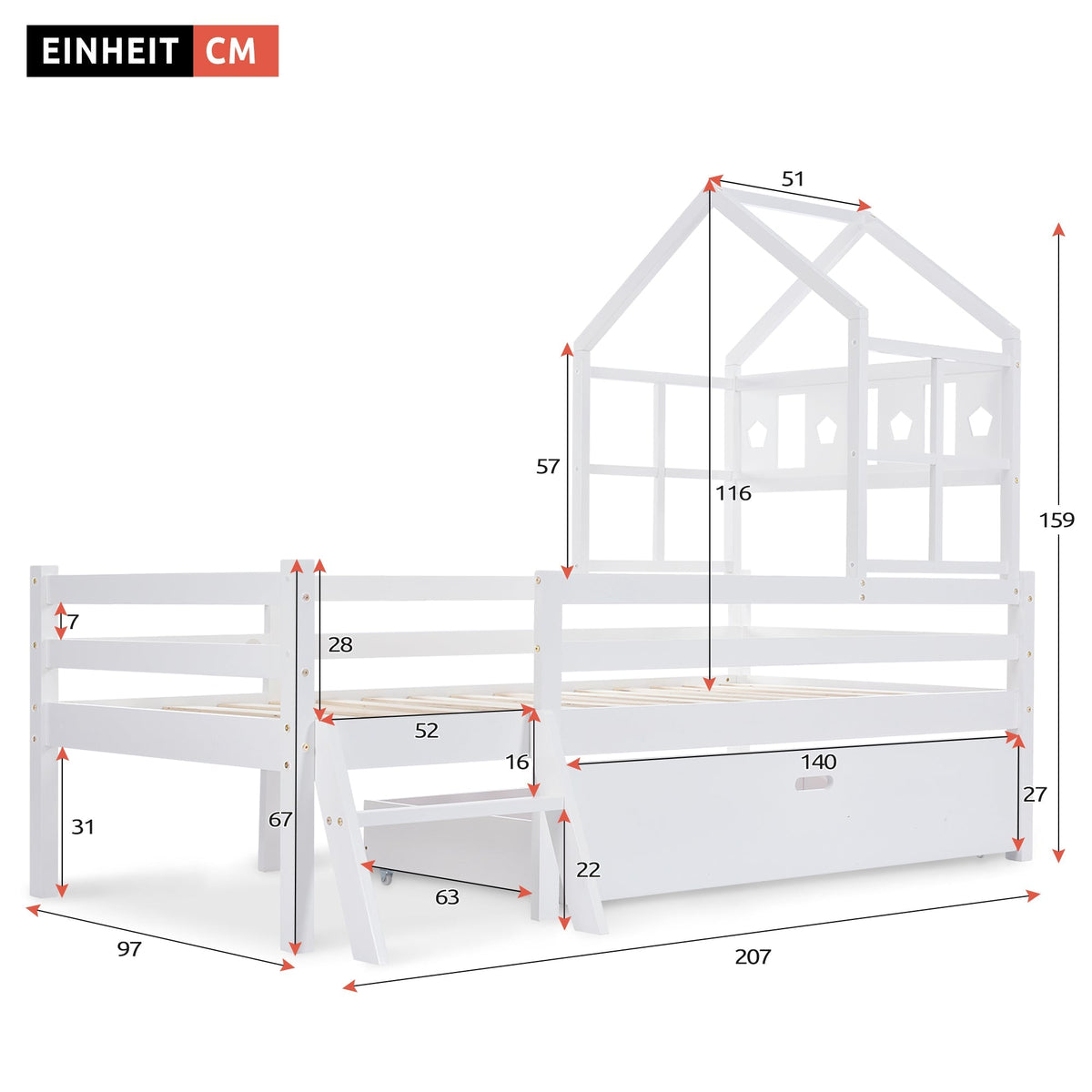 House Bed Children's, Ladder, Drawers, Loft Bed, Fall Protection, Solid Wood, 90x200cm White