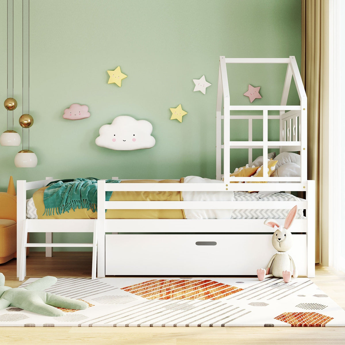 House Bed Children's, Ladder, Drawers, Loft Bed, Fall Protection, Solid Wood, 90x200cm White
