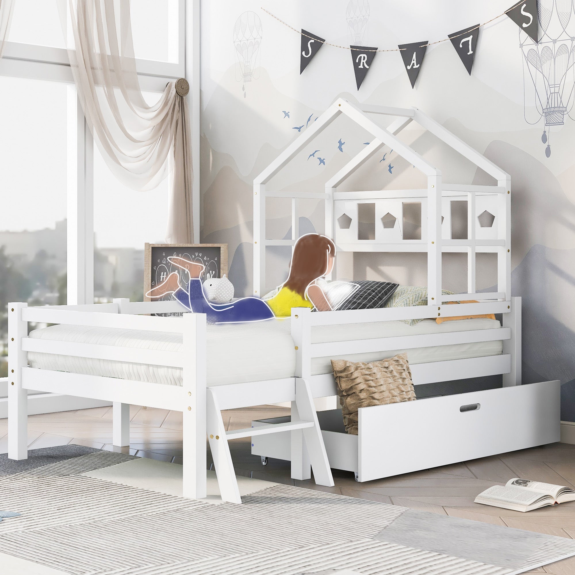 House Bed Children's, Ladder, Drawers, Loft Bed, Fall Protection, Solid Wood, 90x200cm White
